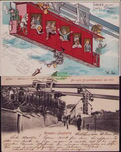 162834 2 AK Dresden Fidele Schwebe = Bahn! Die erste Bergschwebebahn der Welt