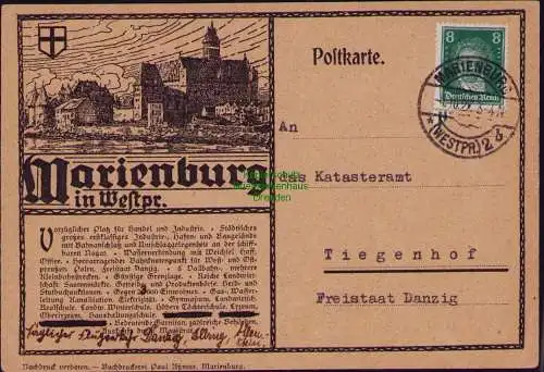 162931 Postkarte mit Zudruck Marienburg in Westpr. 1927 Magistrat mit Werbung