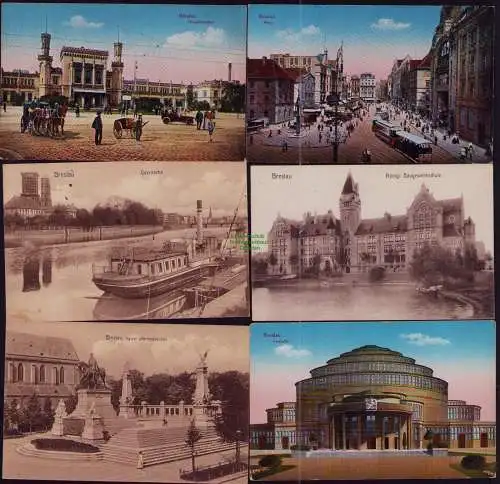 162860 6 AK Breslau Hauptbahnhof Ring Oderpartie Königl. Baugewerkschule 1915