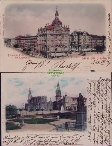 162836 2 AK Dresden 1899 Pirnaischer Platz m. Kaiserpalast Katholische Hofkirche