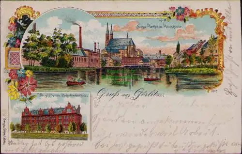 162977 AK Görlitz Litho 1901 Neisse Partie mit Peterskirche Baugewerkschule