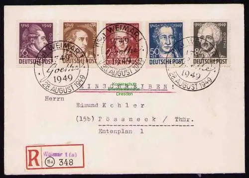 B19374 Brief SBZ 234-238 Goethe Satzbrief Weimar 1949 Einschreiben nach Pößneck