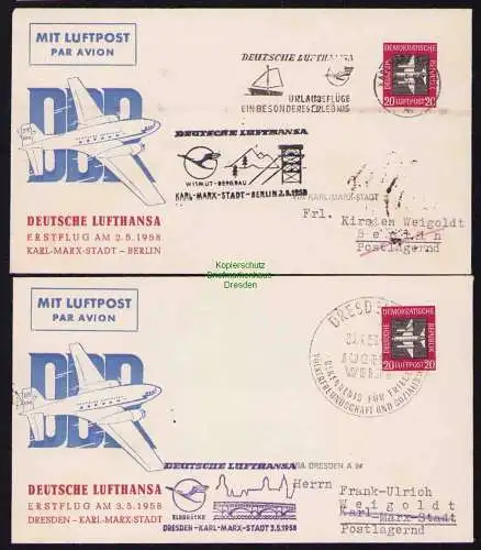 B19370 2x Brief DDR Interflug Erstflug Karl-Marx-Stadt - Berlin bzw Dresden 1958