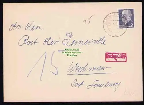 B19487 Brief Dornburg Saale 1964 Nachgebühr 15 Rückseitig Landpost Wichmar