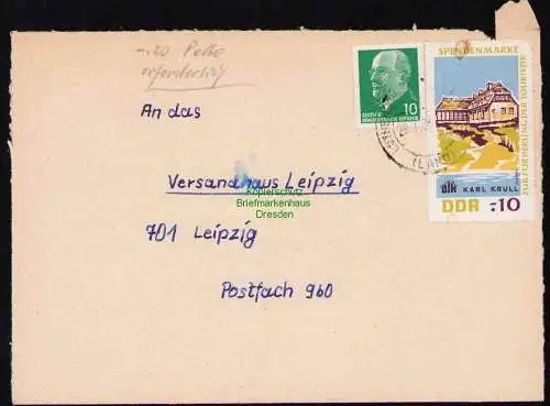 B19397 Brief DDR mit Spendenmarke DJH Karl Krull Portobetrug + Ulbricht DS 1968