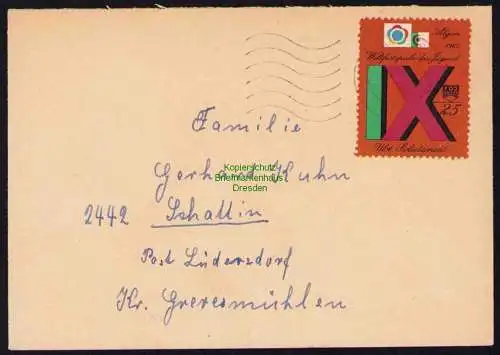 B19424 Brief DDR mit Spendenmarke FDJ Portobetrug Weltfestspiele der Jugend 1965