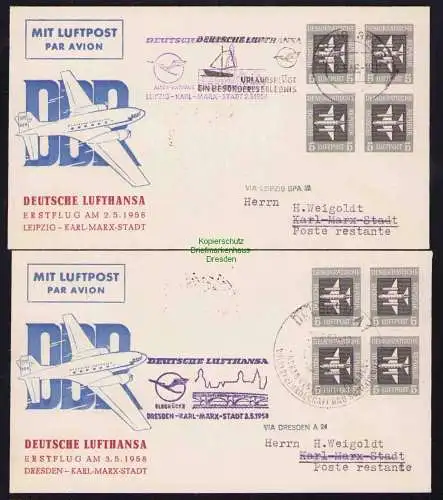 B19369 2x Brief DDR Interflug Erstflug Leipzig Karl-Marx-Stadt bzw. Dresden 1958