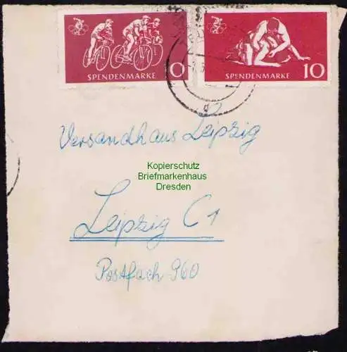 B19381 Briefstück DDR mit Spendenmarke Portobetrug 2x Olympia Teuchern 1965