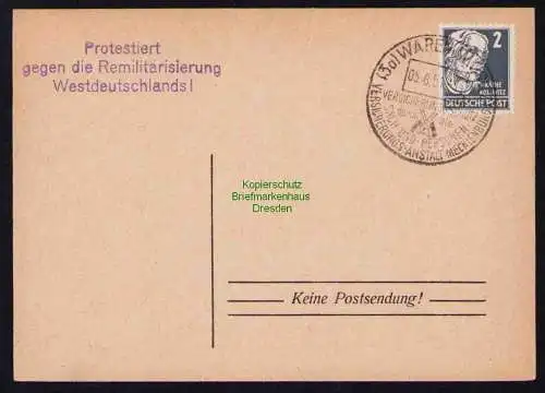 B19507 Karte Propaganda Waren Müritz 1951 Protestiert gegen d. Remilitarisierung