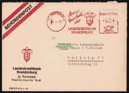 B19543 Brief Losungsstempel Propaganda Potsdam 1950 Landeskreditbank Behörden