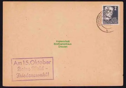 B19560 Karte Losungsstempel Propaganda Märkisch Buchholz 1950 Friedenswahl