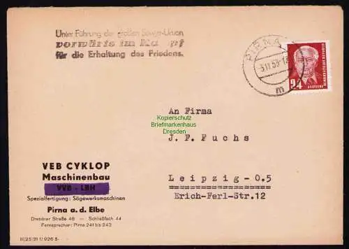 B19509 Brief Losungsstempel Propaganda Pirna 1953 Vorwärts im Kampf Frieden