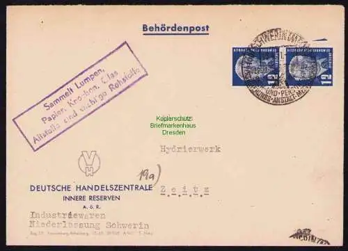 B19531 Brief Losungsstempel Propaganda Schwerin 1951 Sammelt Lumpen Papier
