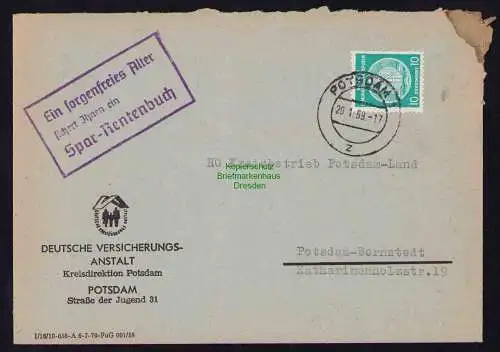 B19557 Brief Losungsstempel Propaganda Potsdam 1959 Ein sorgenfreies Alter Spar