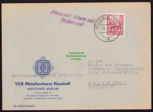 B19523 Brief Losungsstempel Propaganda Plane mit, Arbeite mit, Regiere mit 1958