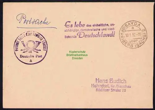 B19529 Brief Losungsstempel Propaganda Sayda Freiberg 1952 Es lebe Deutschland
