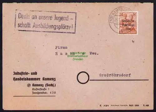 B19553 Brief Losungsstempel Propaganda Kamenz 1948 Jugend Ausbildungsplätze