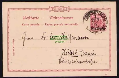 B19501 Ganzsache Deutsche Post in der Türkei Constantinopel 1892 nach Höchst