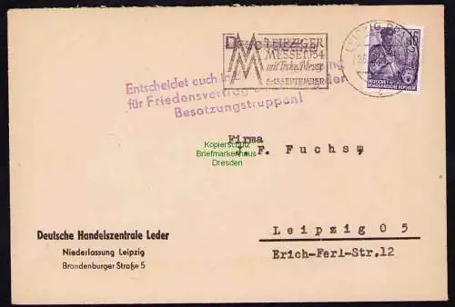 B19511 Brief Losung Propaganda Leipzig 1954 Volksbefragung Friedensvertrag