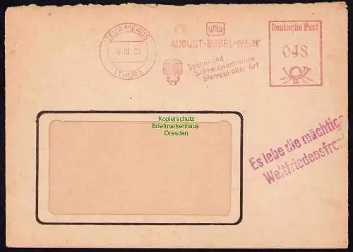 B19562 Brief Losungsstempel Propaganda Zella-Mehlis mächtige Weltfriedensfront