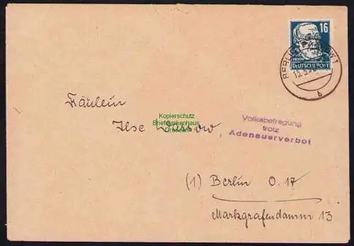 B19550 Brief Losungsstempel Propaganda Berlin 1951 Volksbefragung Adenauerverbot