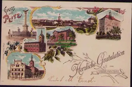 166310 AK Peitz Litho 1900 Bahnhof Rathaus Kirche Festungsturm Kriegerdenkmal