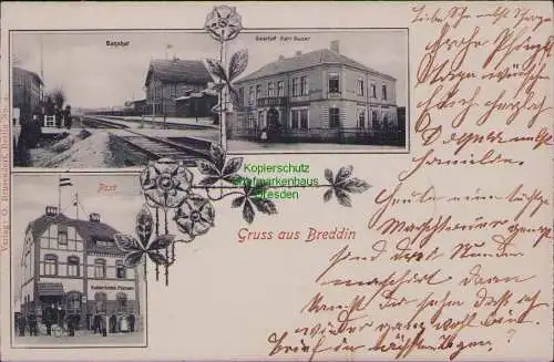 166304 AK Breddin Bahnhof Post Gasthof Karl Glaser 1905