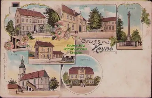 166344 AK Kayna Litho um 1910 Kirche Apotheke Bahnhof Försterei Schulen Denkmal