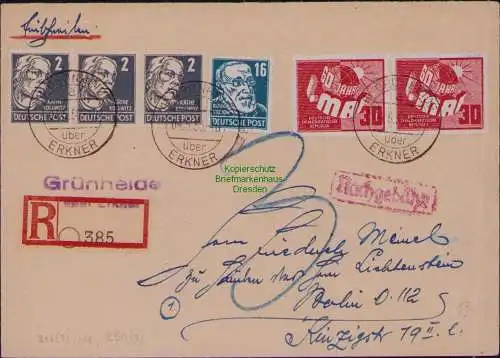 B21828 Brief DDR 1950 2x 250 1. Mai Einschreiben Nachgebühr "3" nach Berlin
