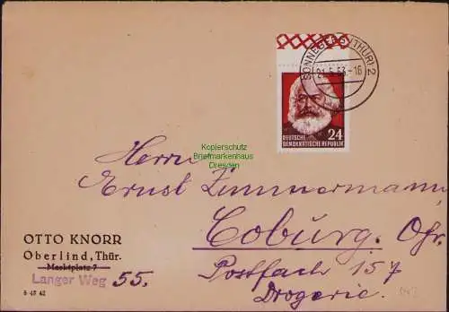 B21863 Brief DDR 1953 349 EF 24 Pfg. Marx mit Randdruck