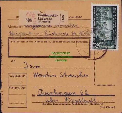 B21850 DDR Paketkarte 1953 331 Köpfe II + 3x 402 Weißenborn Löderode Eichsfeld