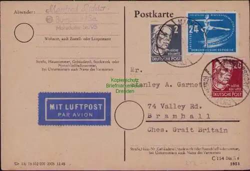 B21808 Brief DDR 1950 247 212 219 Markersdorf Luftpost nach Großbritannien