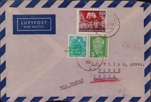 B21864 Brief DDR 352 MiF auf Luftpost Halle Saale nach Indien 1953