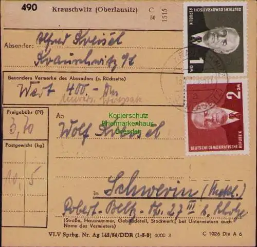 B21859 Paketkarte DDR 342 343 490 Krauschwitz 1955 nach Schwerin