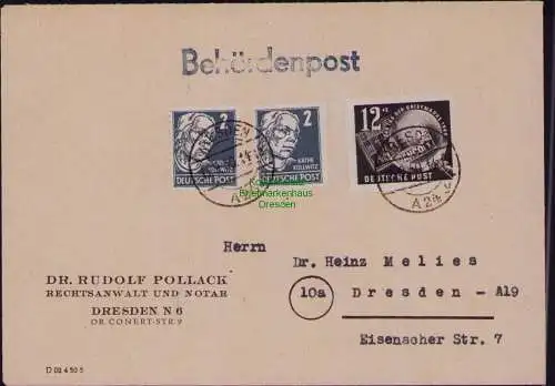 B21817 Brief DDR 1950 271 Marke aus Debria Block auf Behördenpost Dresden