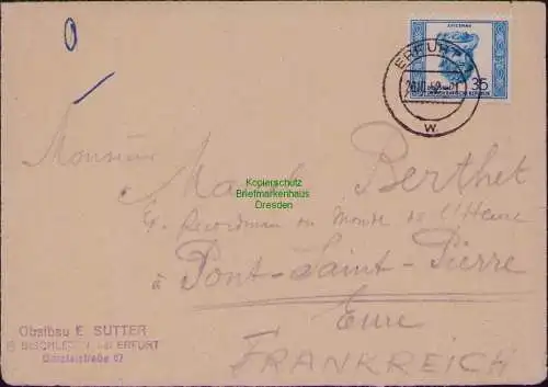 B21842 Brief DDR 1952 314 EF Erfurt nach Frankreich