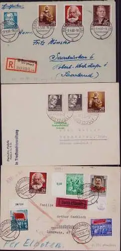 B21862 3x Brief DDR 1953 Marken aus Marx Satz Einschreiben Eilboten