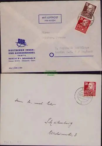 B21854 2x Brief DDR 1953 mit 335 Köpfe II EF MiF Luftpost nach GB Großbritannien