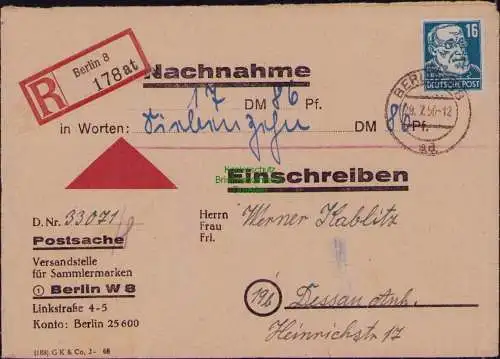 B21814 Brief DDR 1950 Nachnahme Versandstelle 246 4x 250 Berlin nach Dessau