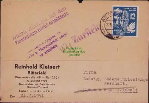 B21824 Postkarte DDR 1951 278 EF Bitterfeld nach Dessau Zurück - nicht ermittelt