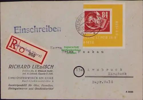 B21818 Brief DDR 1950 272 Marke aus Debria Block Einschreiben Osterwieck nach Ar