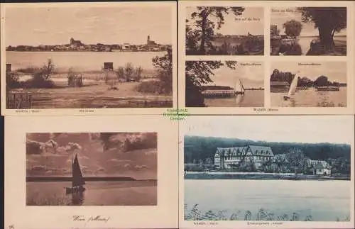 160578 4 AK Waren Müritz Blick auf d Stadt 1925 Partie am Kietz Segelbootstation