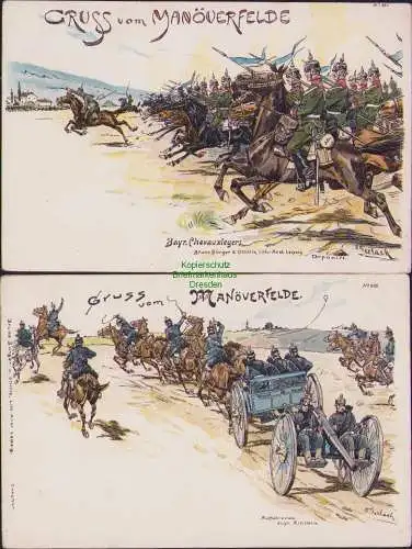 160502 2 AK GRUSS MANÖVERFELDE Bayr. Chevauxlegers Militär Soldaten Litho 1900