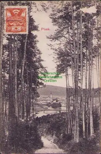 160425 AK Pisek 1921 Panorama Provisorium  R-Zettel anstelle Briefmarke mit hand