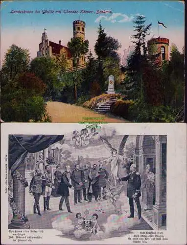 165999 2 AK Görlitz Kaiser und Bismarck im Himmel Landeskrone m. Theodor Körner