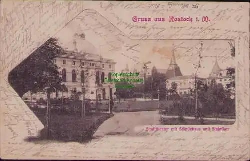165997 AK Rostock i. M. Stadttheater mit Ständehaus und Steintor 1902