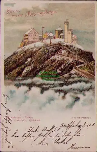 163147 AK Schneekoppe 1906 Litho Riesengebirge im Sommerschnee