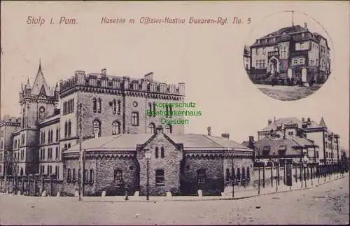 163066 AK Stolp i. Pom. 1911 Kaserne Offizier Kasino Husaren Rgt. No. 5