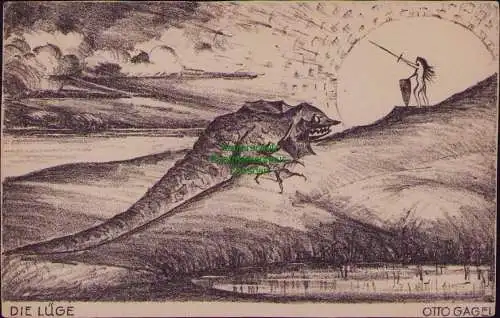 163014 AK Otto Gagel Künstlerkarte Die Lüge um 1920 Dresden - Heidenau  Drachen