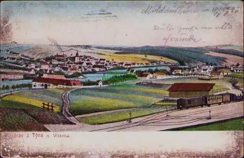 163059 AK Tyna nad Vltavou Moldautein Panorama mit Bahnhof 1906